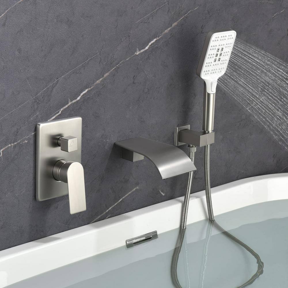 FLG Single-Handle Waterfall Wall Mount Roman Tub Faucet with Hand Shower in Brushed Nickel SS-0041-BN