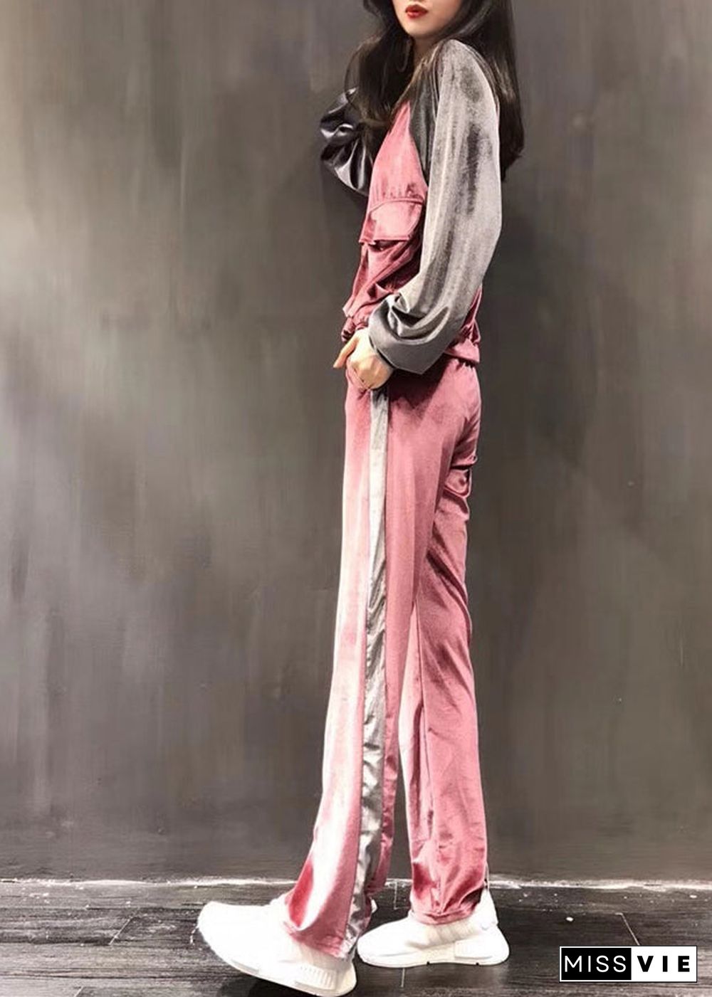 Sexy Pink Zippered Silk Velour Coats And Wide Leg Pants Two Pieces Set Long Sleeve