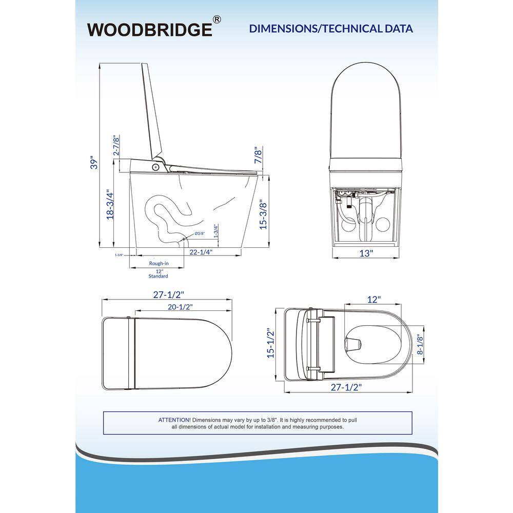 WOODBRIDGE Nutley Intelligent Comfort Height 1-Piece 1.0 GPF1.6 GPF Dual Flush Elongated Toilet in White Seat Included HB0990S