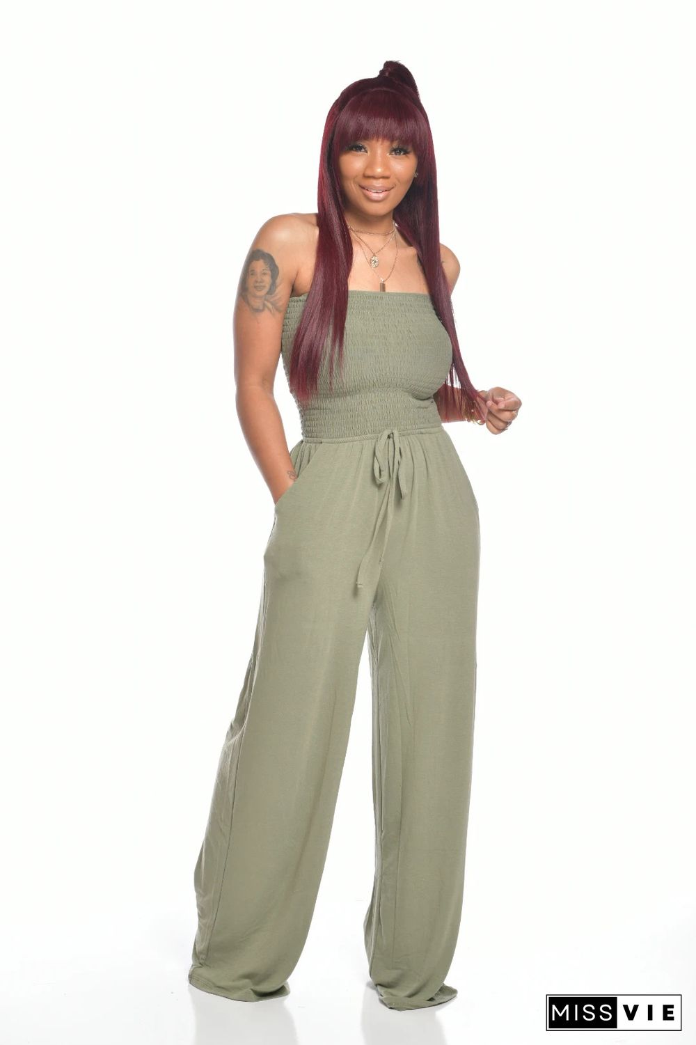 Strapless Elastic Bust High Waist Wide Leg Jumpsuit