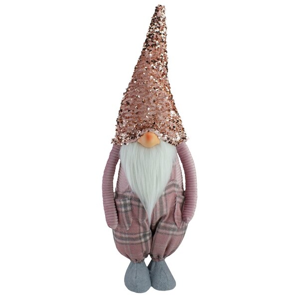 24 Pink and Gray Plaid Christmas Gnome with a Rose Gold Hat