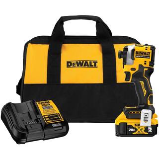 DW ATOMIC 20V MAX Lithium-Ion Cordless 14 in. Brushless Impact Driver Kit 5 Ah Battery Charger and Bag DCF850P1