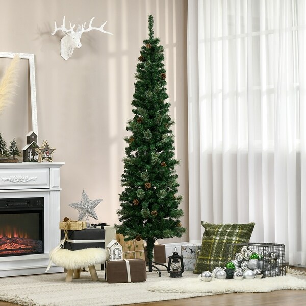 6.5FT Slim Pine Pencil Artificial Christmas Tree，Realistic Branches，Pine Cones，Metal Base