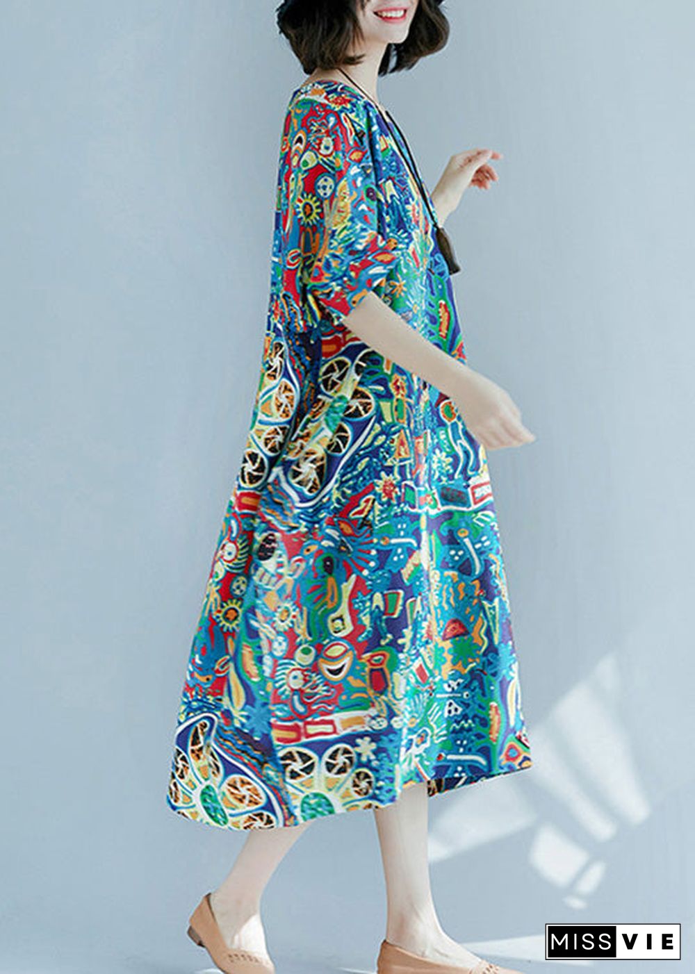 Art O-Neck Print Maxi Dress Short Sleeve