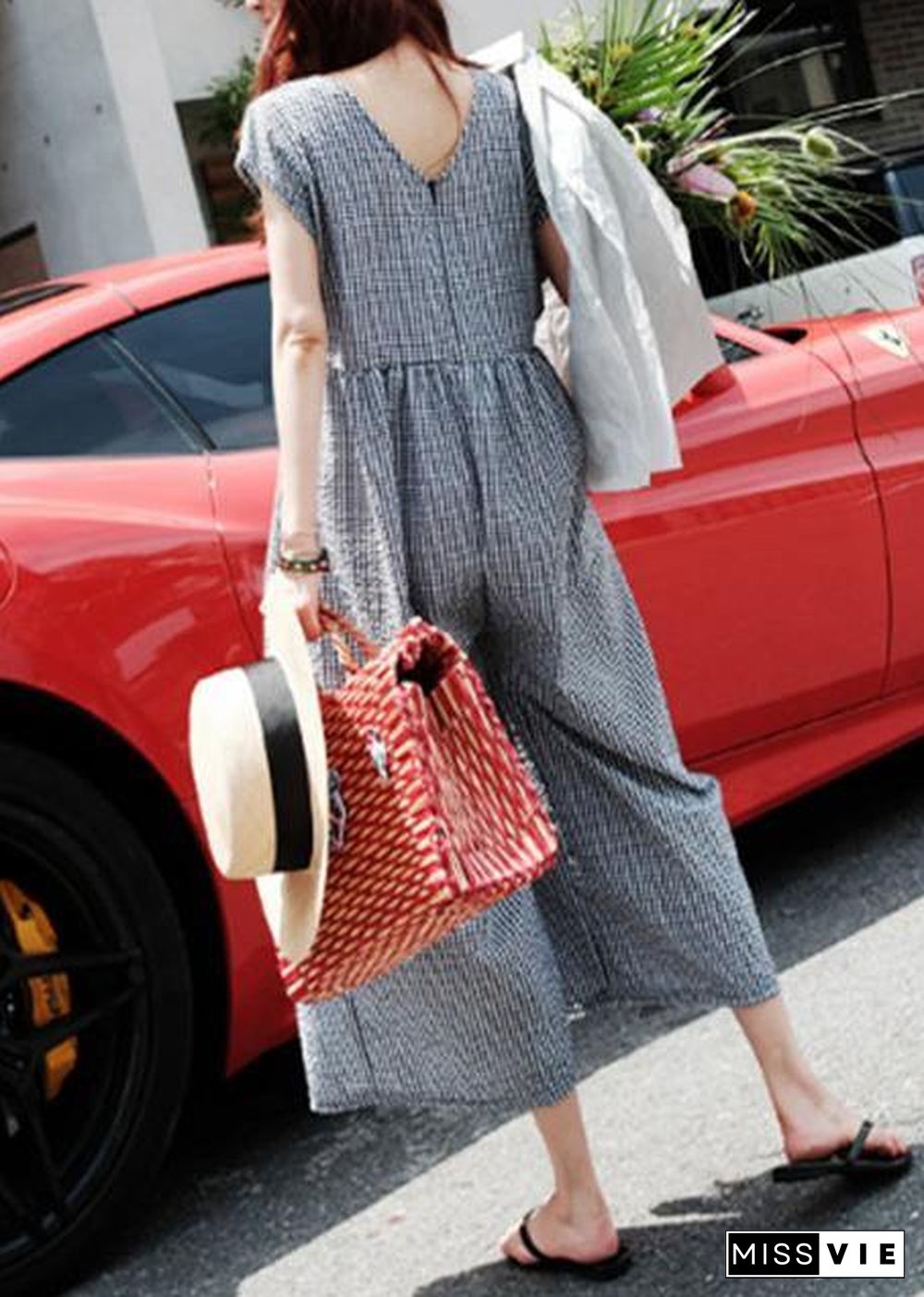 Beautiful plaid casual zippered jumpsuit pants Sewing trousers