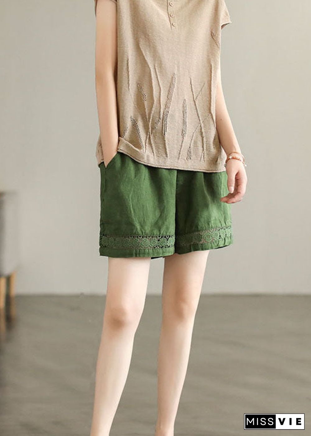 Fine Green Pockets Cinched Lace Patchwork Linen Shorts Summer