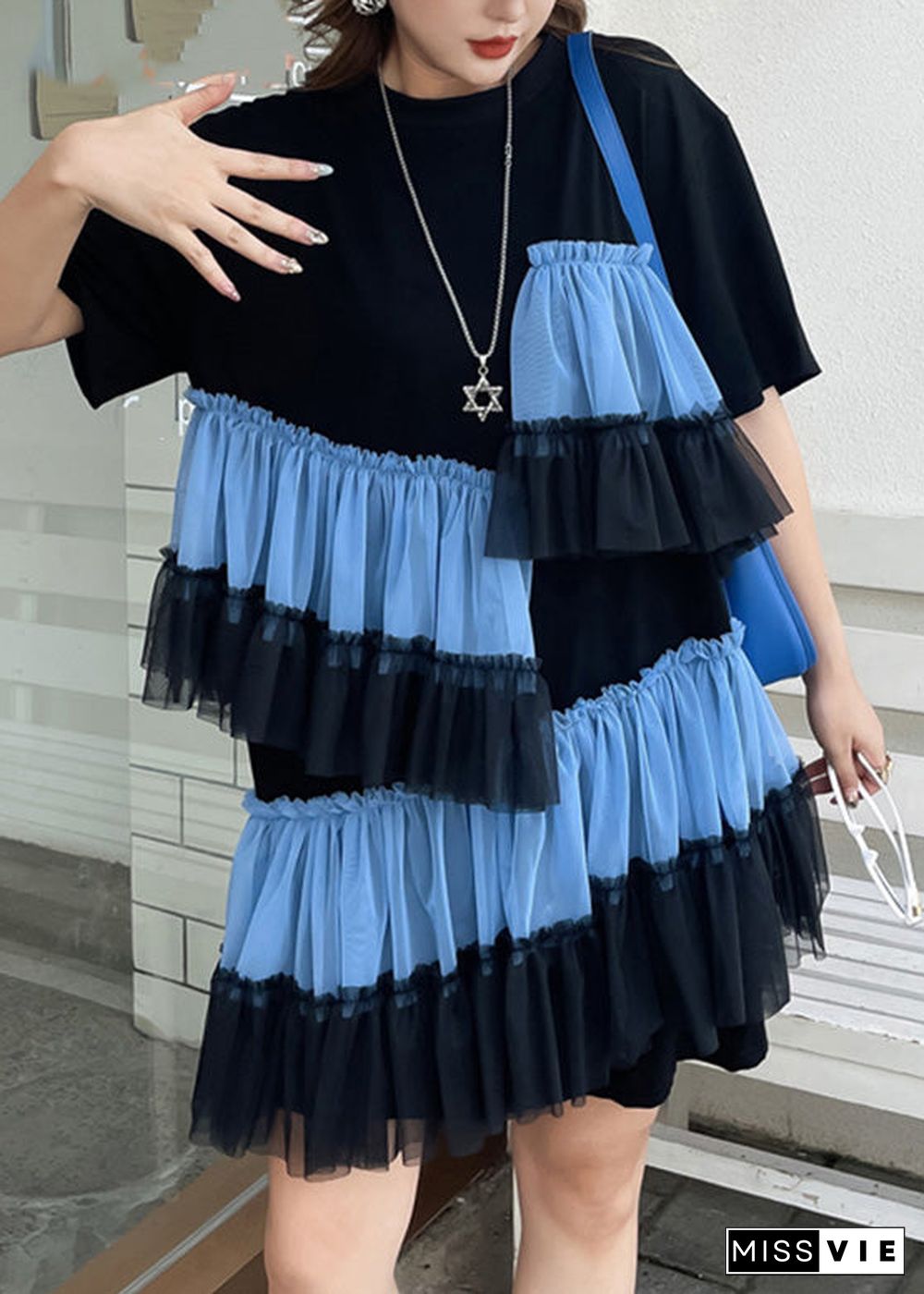 DIY Black O-Neck Wrinkled Tulle Patchwork Vacation Mid Dress Short Sleeve