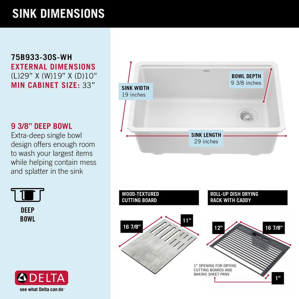 Delta Everest White Granite Composite 30 in. Single Bowl Undermount Workstation Kitchen Sink with Accessories 75B933-30S-WH