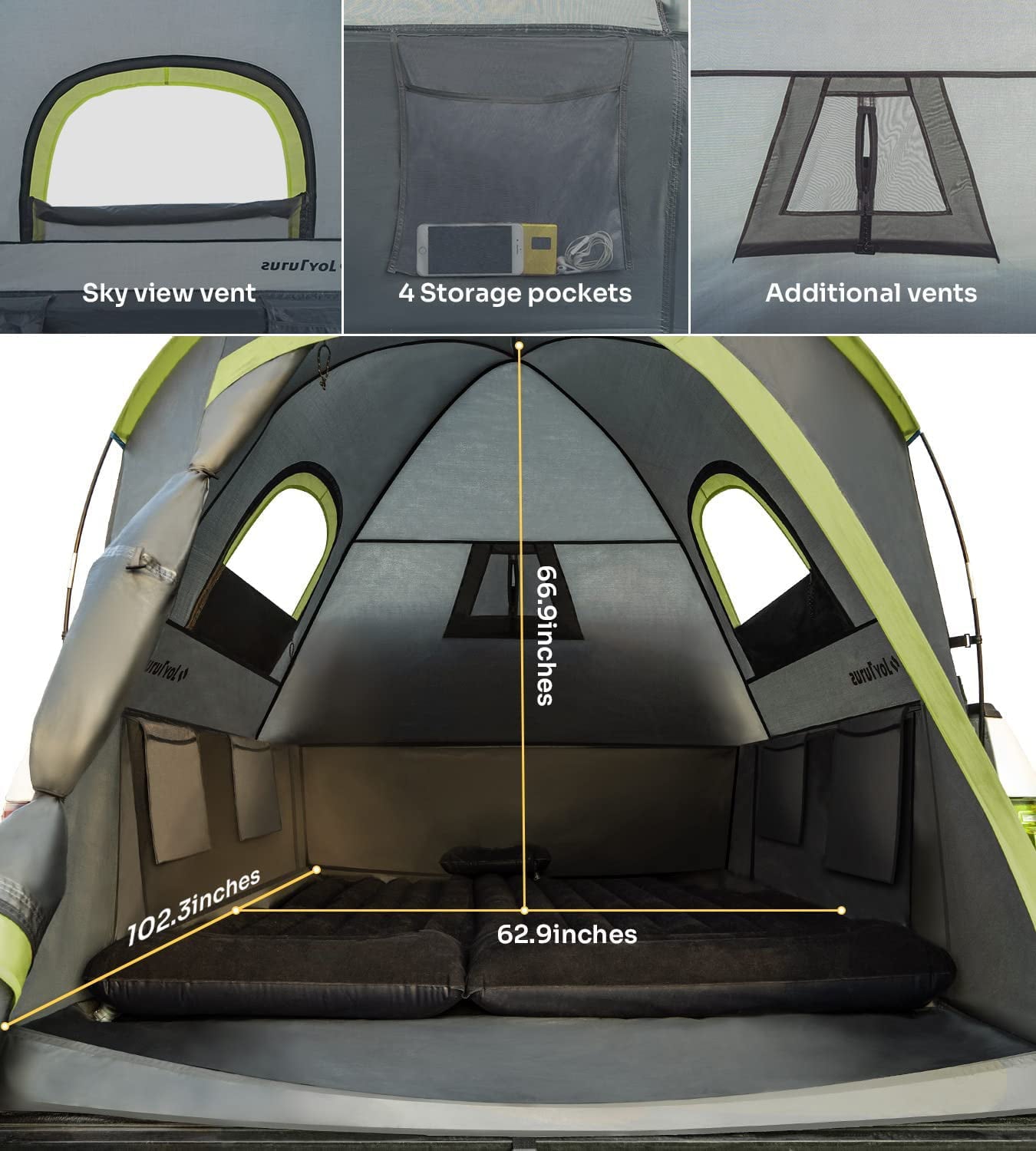 JOYTUTUS Truck Tent 6.5in Truck Bed Tent ，Full Size Pickup Tent，Waterproof Truck Camper，2-Person Capacity， Easy To Setup for Camping，Hiking，Fishing，Green