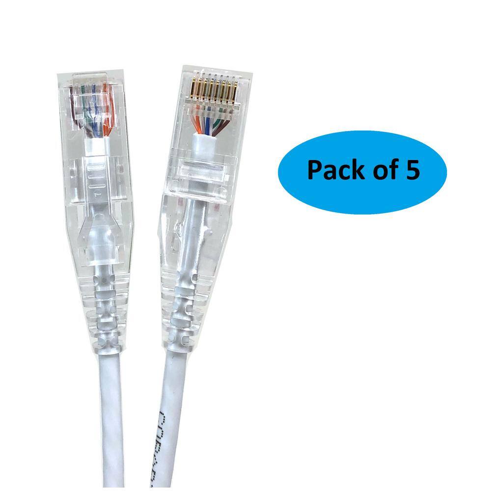 Micro Connectors Inc 7 ft. CAT 6A 10 Gbps UTP 28 AWG Ultra Slim Ethernet Cable White (5-Pack) E09-007W-SL5