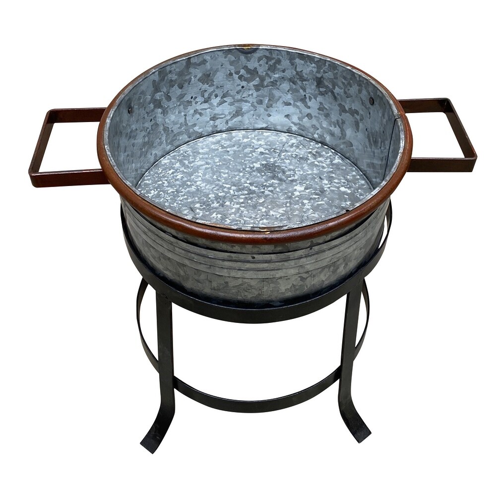 21  18  and 16 Inch 3 Piece Round Tub Metal Planter Set with Stand in Galvanized Gray and Black Iron