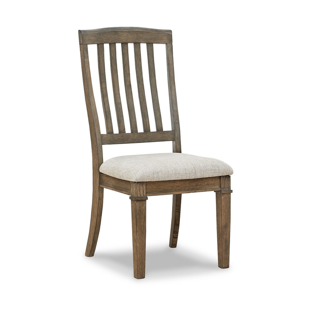 19 Inch Dining Chair  Set of 2  Slatted Back  Brown Wood  Beige Polyester