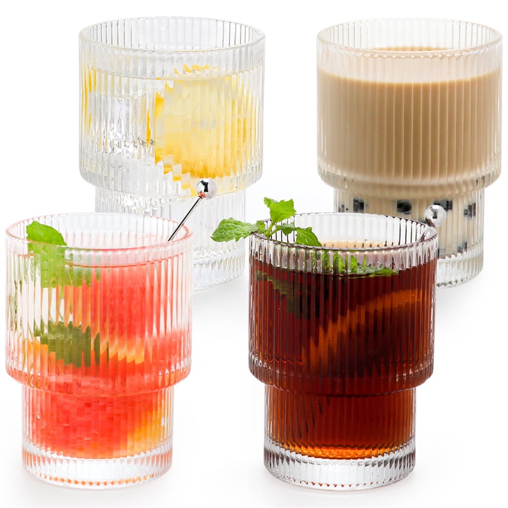 Origami Style Glass Cup Set of 4 Ripple Vintage Glassware， Ribbed Glassware Unique Kitchen Drinking Glasses， Ideal for Cocktail Coffee Soda Juice Beer (4S， 6.5 Ounces)