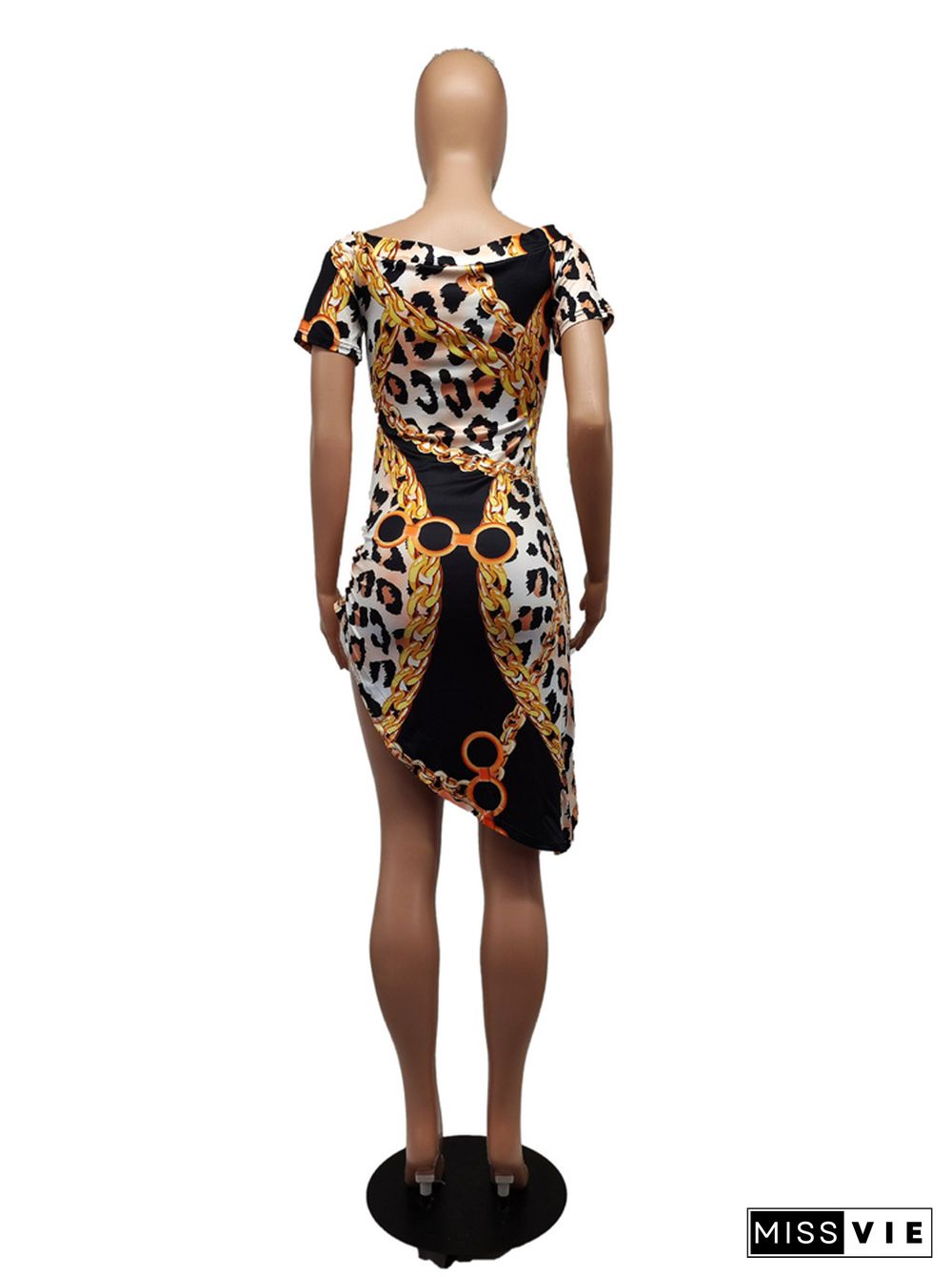 Leopard Print Short Sleeve Asymmetrical Dresses