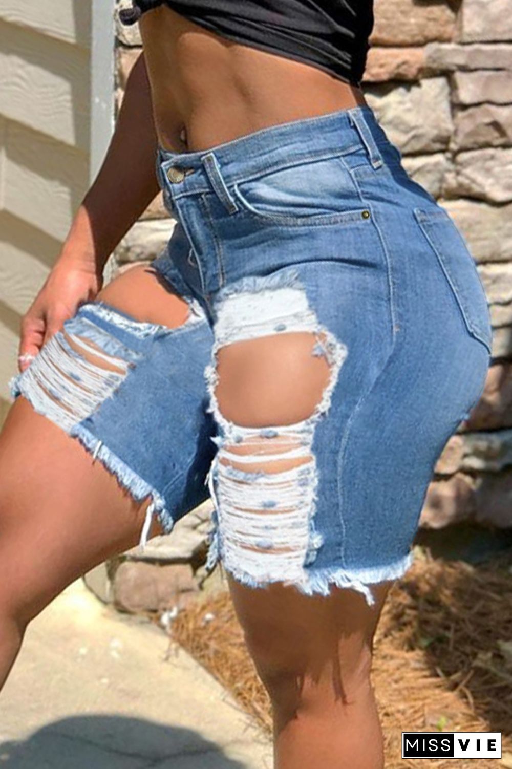 Distressed Raw Hem Denim Shorts