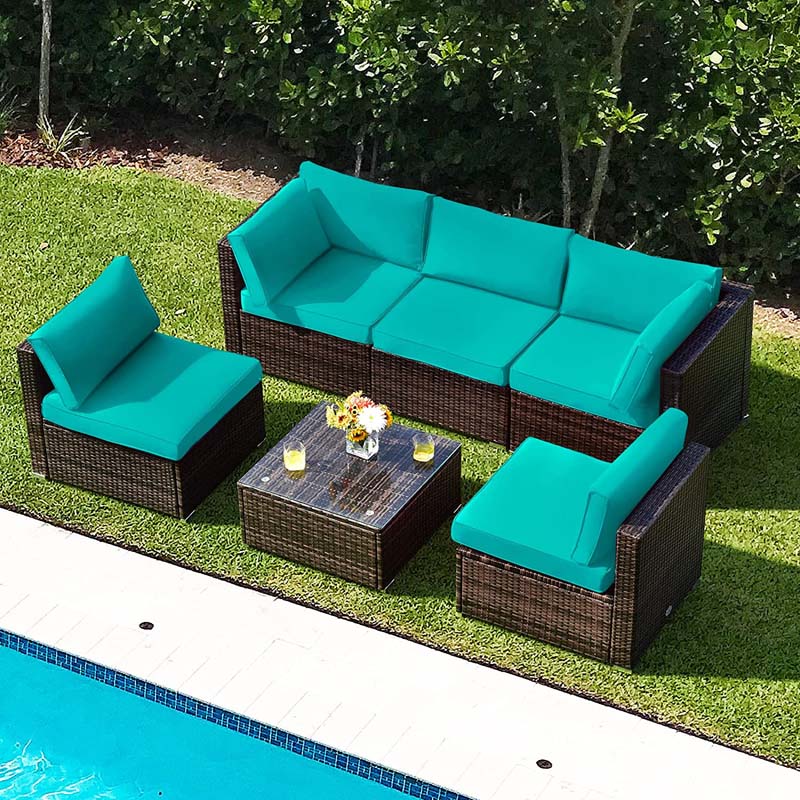 6 Pcs Rattan Patio Sectional Sofa Set Outdoor Conversation Furniture Set with Cushions & Glass Coffee Table