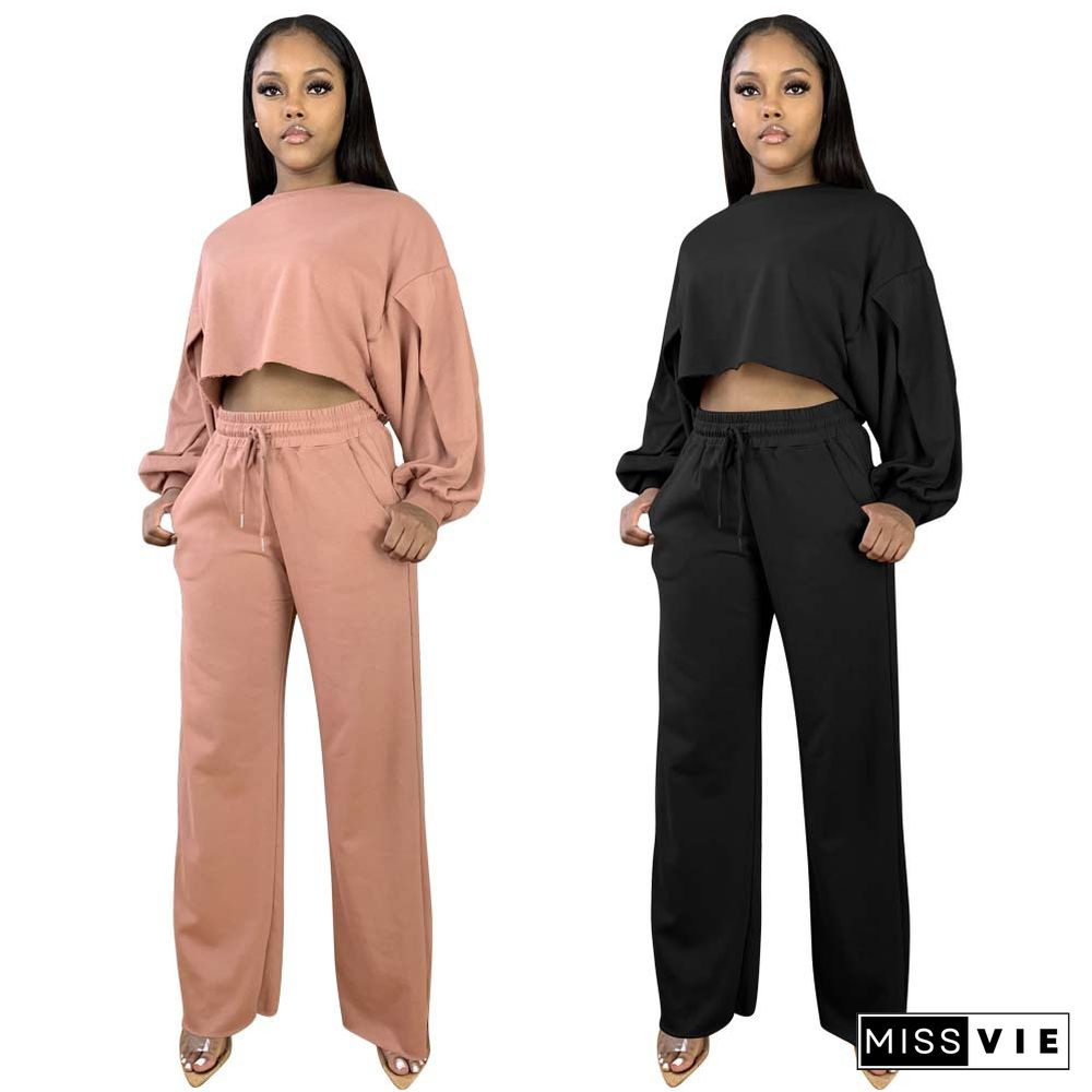 Long Sleeve Crop Top Drawstring Wide Leg Pants Set