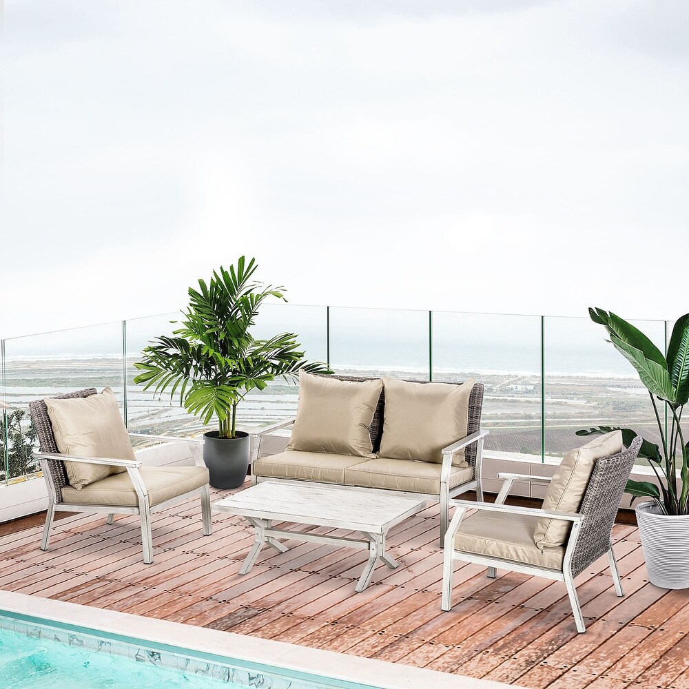Outsunny 4 Pieces Patio Wicker Sectional Conversation Sets  Outdoor PE Rattan Aluminum Frame Loveseat Furniture