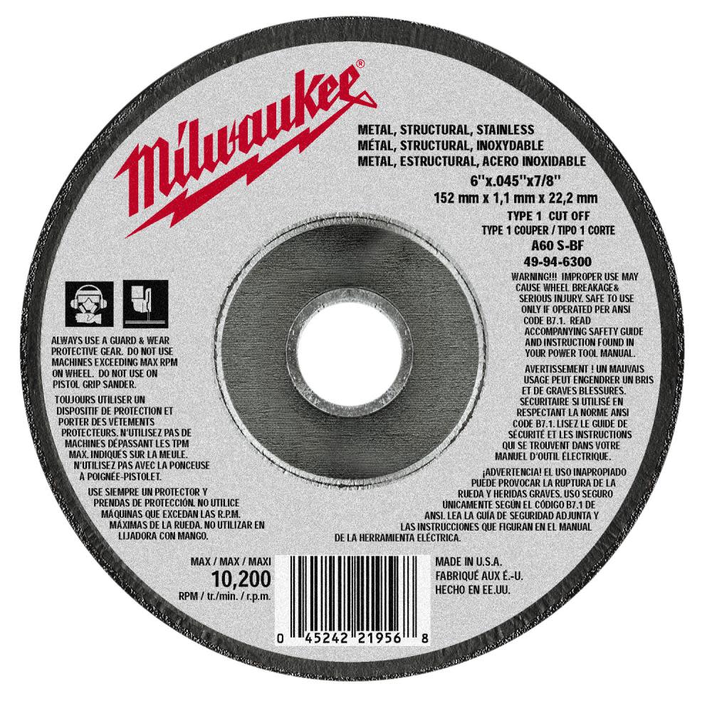 Milwaukee 6 in. x .045 in. x 7/8 in. Cut-Off Wheel (Type 1) 49-94-6300 from Milwaukee