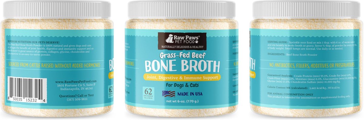 Raw Paws Grass-Fed Beef Bone Broth Powder Dog and Cat Food Topper， 6-oz jar