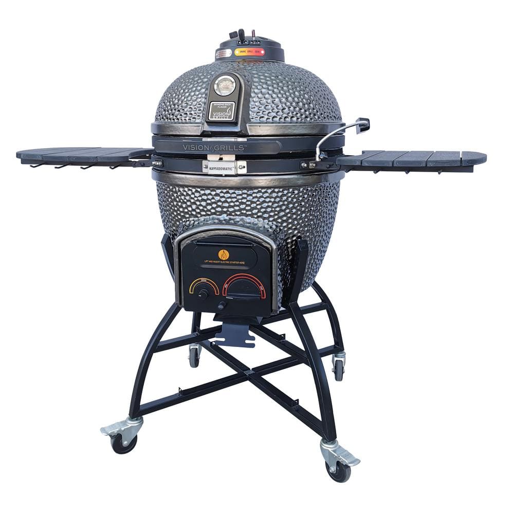 Vision Grills 22 in. Kamado XD402 Ceramic Charcoal Grill in Metallic Grey with Cover, Storage Cart, Shelves, Lava Stone, Ash Drawer XD-402MG