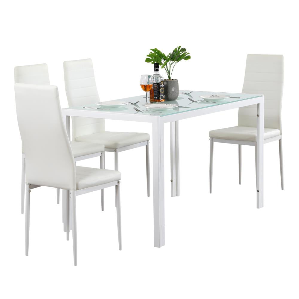 Zimtown Dining Table Set for 4, Kitchen Dining Room Table and 4 Chairs White Glass Dining Table with PU Leather Chairs, White