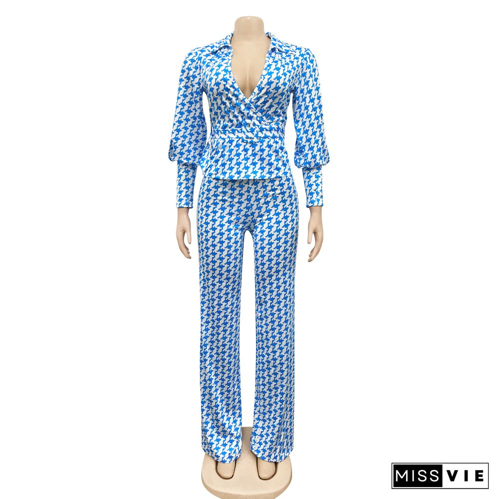 Office Lady Houndstooth Blazer+Wide Leg Pants Suit