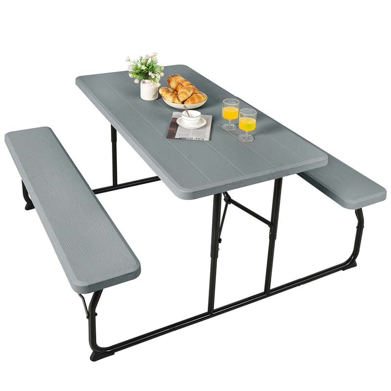 4-Person Folding Picnic Table Bench Set with Wood-like Texture & Metal Frame, Portable Outdoor Camping Dining Table Set