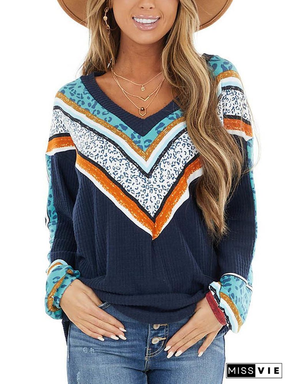 V-Neck Chevron Detail Long Sleeve T-Shirt