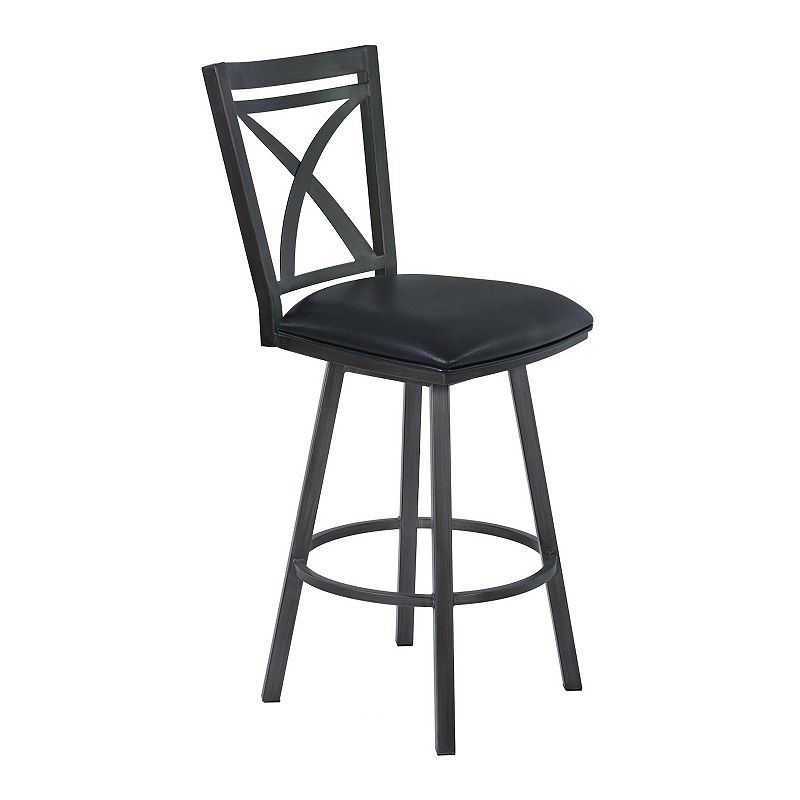 30 Inch Metal and Leatherette Swivel Bar Height Stool， Gray