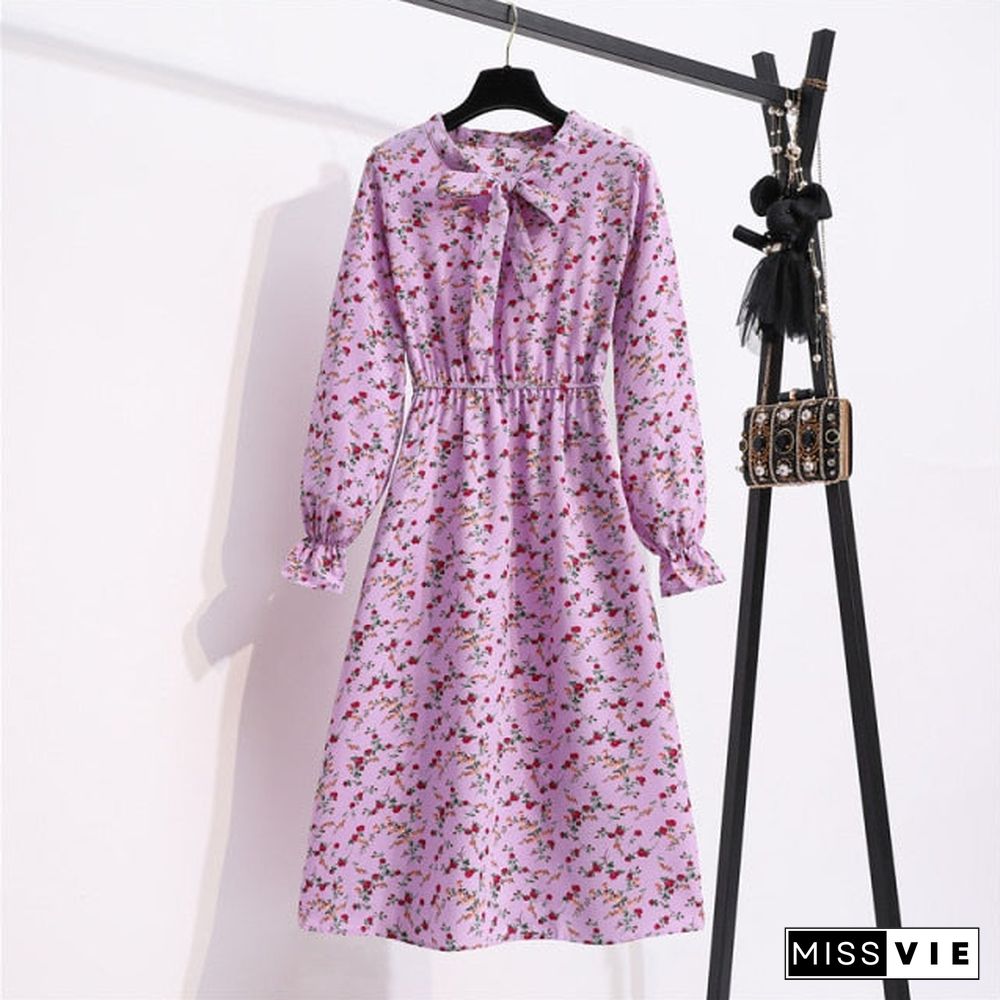 NIJIUDING Women's Chiffon Dress Female Vintage Floral Printed Long Sleeve Bow Midi Dresses Spring Autumn Flare Sleeve Vestidos