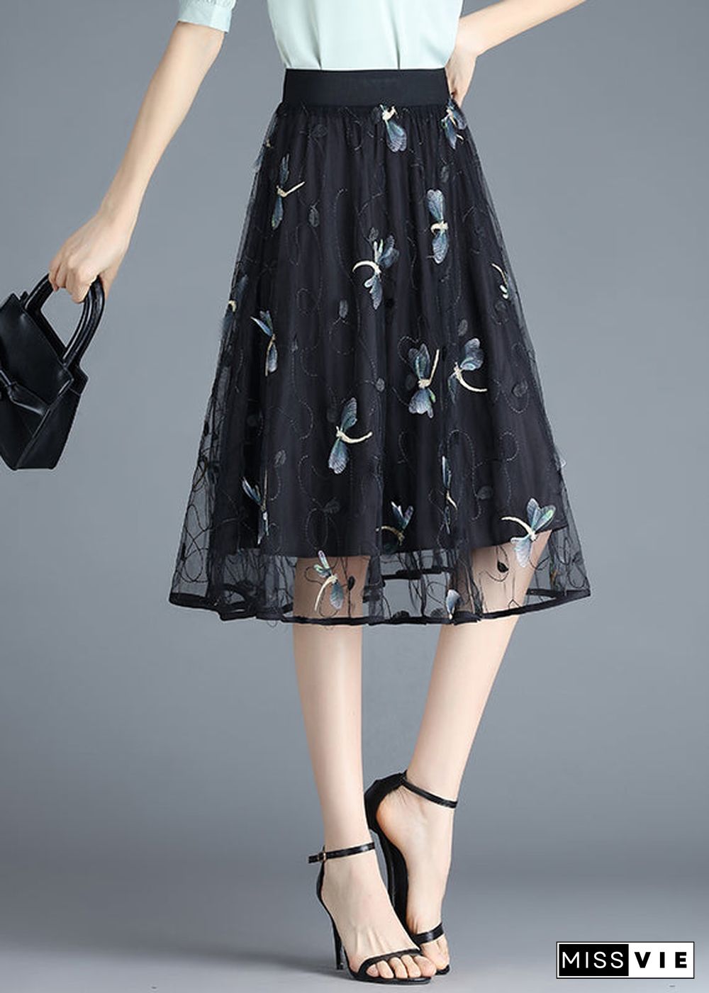 Boho Black Butterfly Embroideried Elastic Waist Tulle Skirt Summer