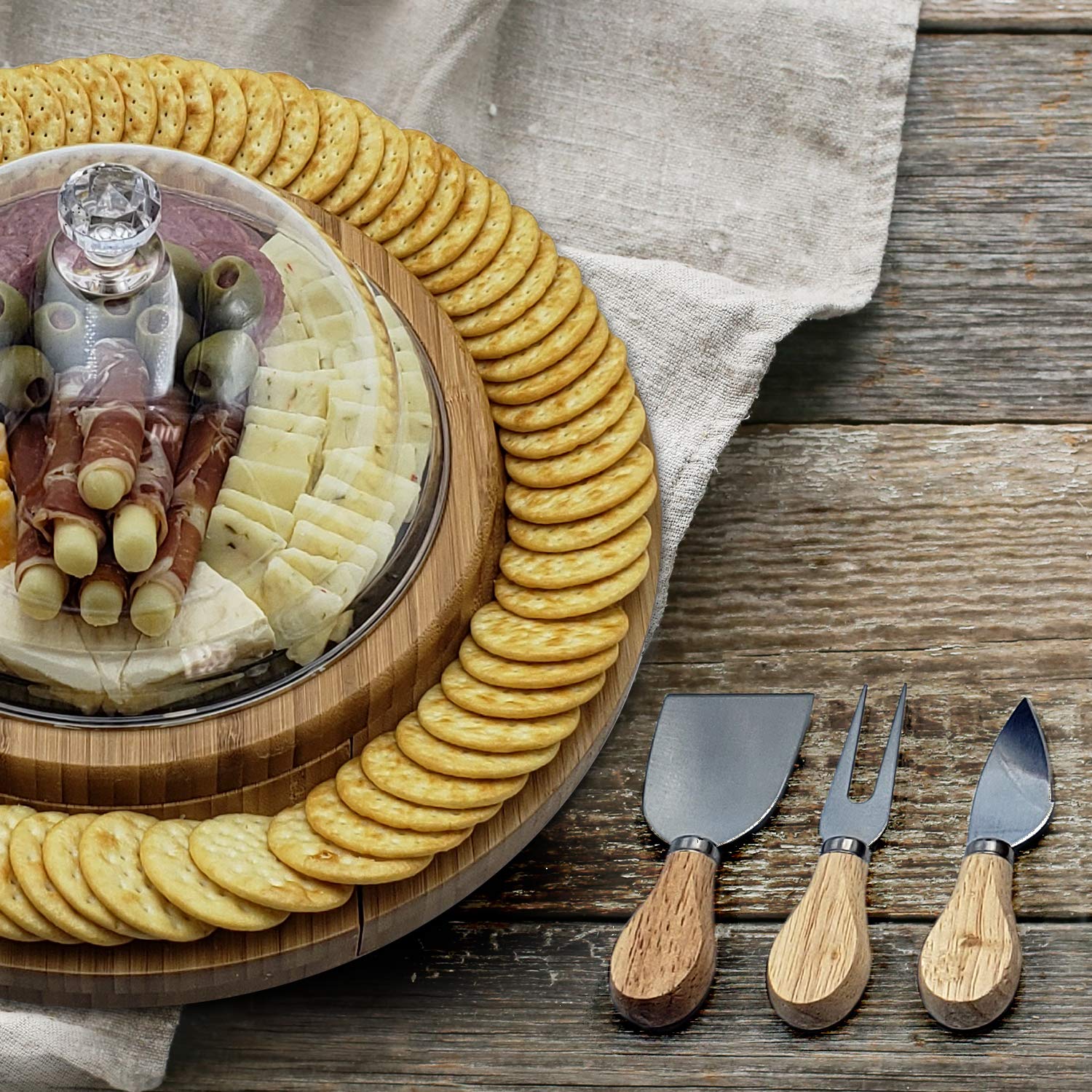 Premium Bamboo Cheese Charcuterie Board with Cutlery - 3 Stainless Steel Knife Set and an Acrylic Dome