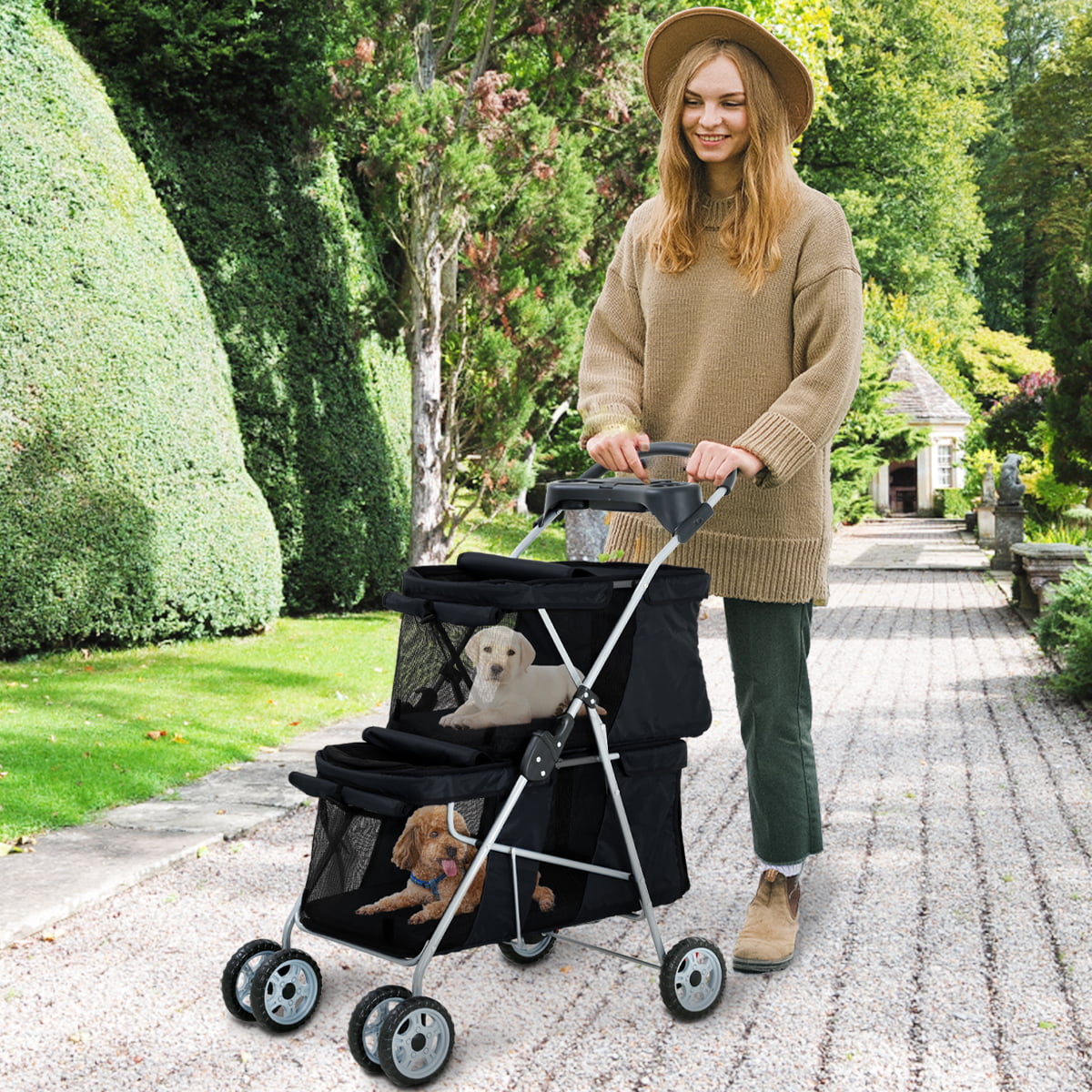 Double Tier Dog Stroller Cat Stroller for 2 Medium Dogs Folding Pet Stroller 4 Wheels Breathable Travel Pet Jogger Stroller with Removable Pad and Cup Holder， Black