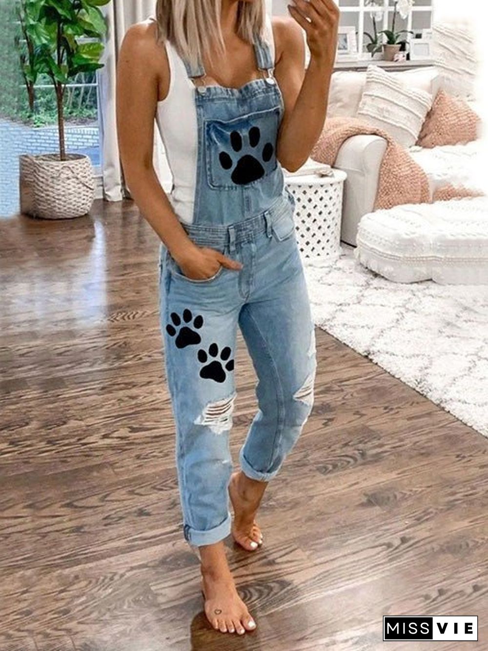 Women'S Jumpsuits Animal Paw Washed Ripped Denim Jumpsuit