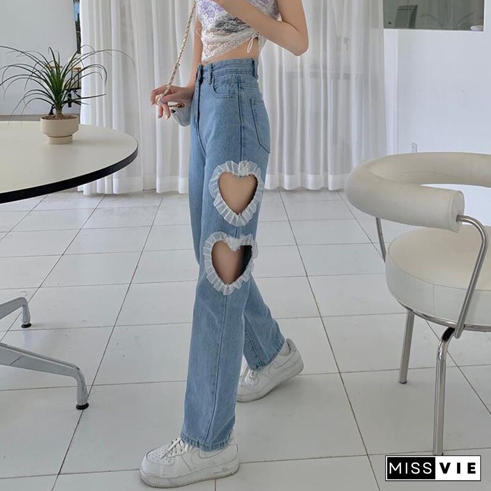 Vintage Gothic Streetwear Hollow Out Jeans Women Summer Loose Wide Leg Pants Fashion High Waist Denim Pants Straight Trousers