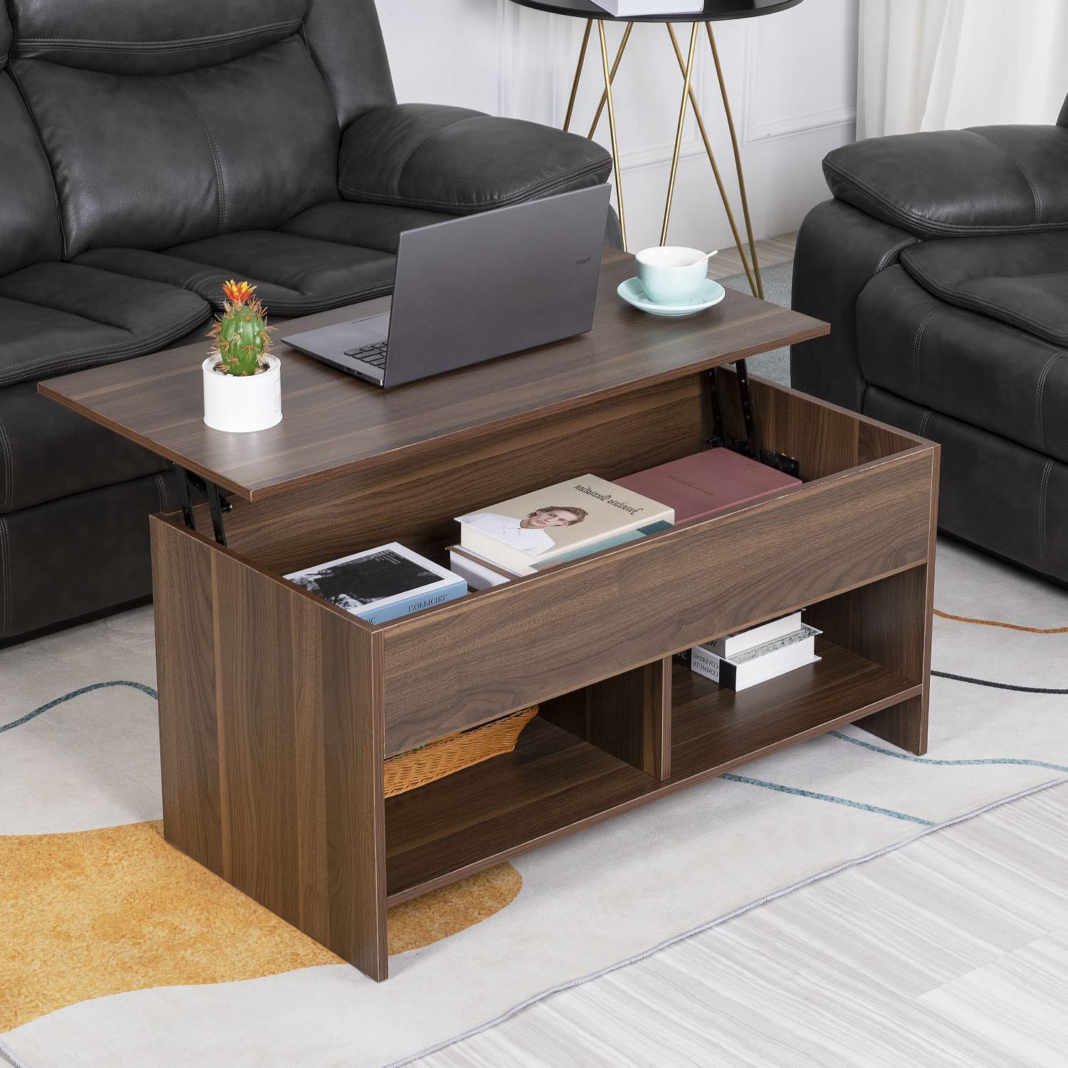 Furinno Lift Top Wooden Coffee Table, Walnut Brown