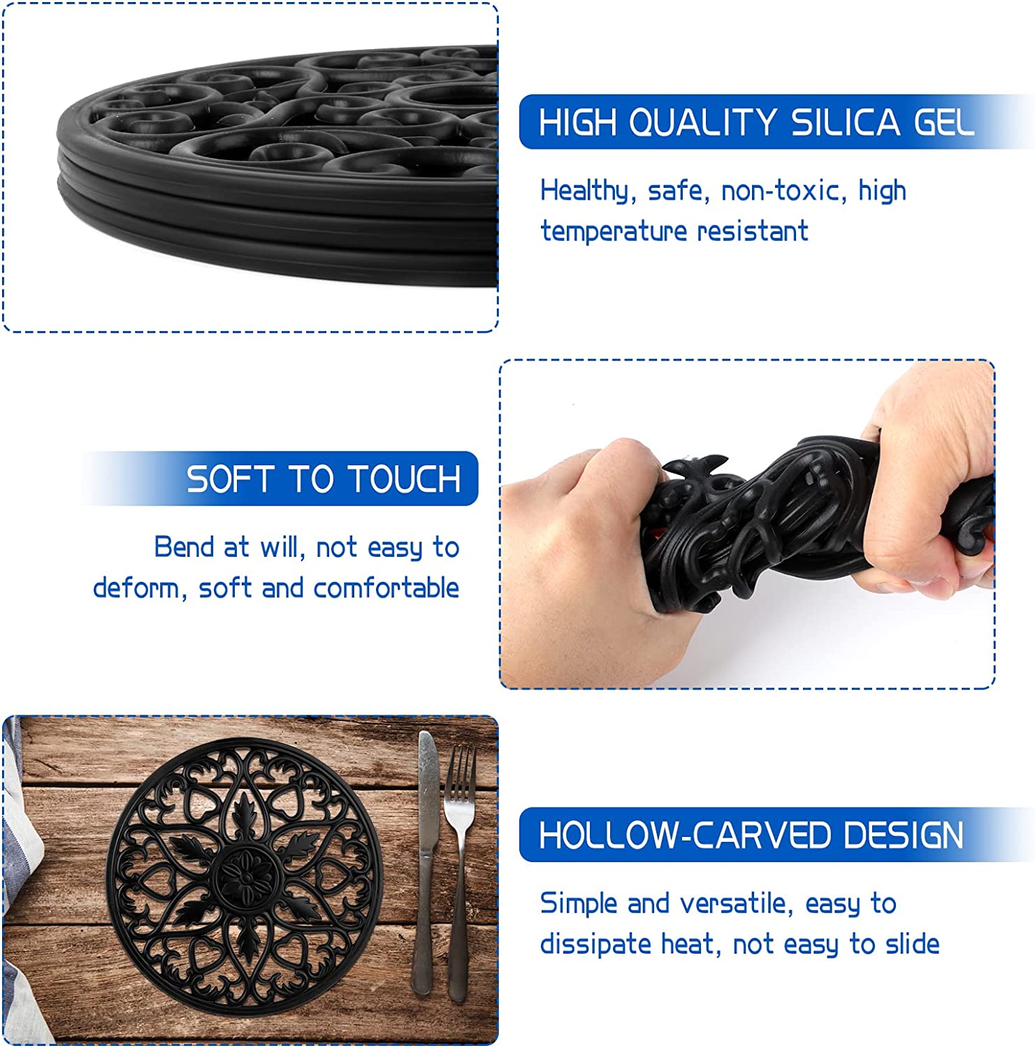 3 PCS Silicone Trivet Mat Set， Heat Resistant Silicone Trivet Stand Holder Multi-use Trivet Kitchen Hot Pads - Black