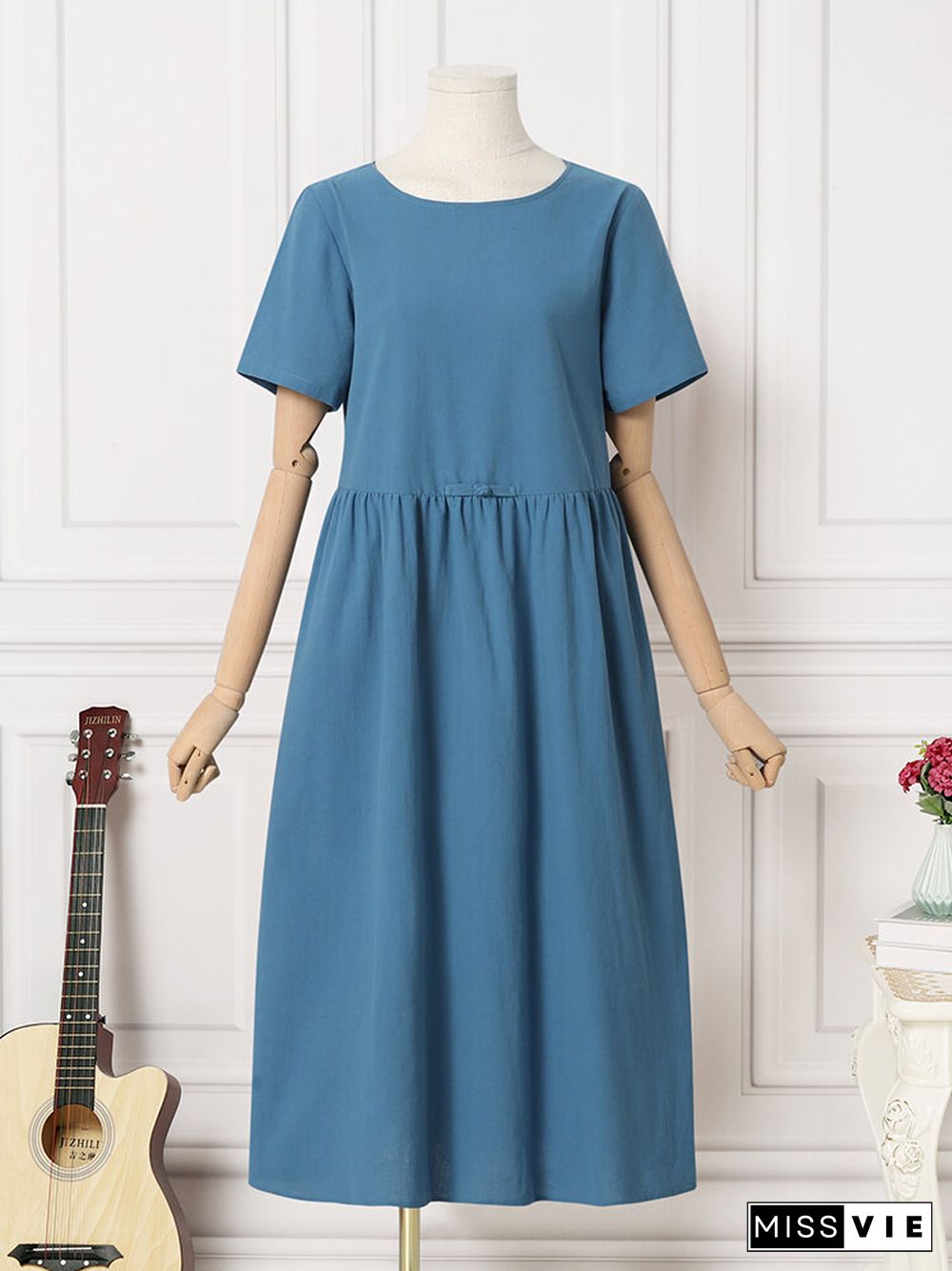 Solid Ruched Round Neck Short Sleeve Casual Cotton Midi Dress