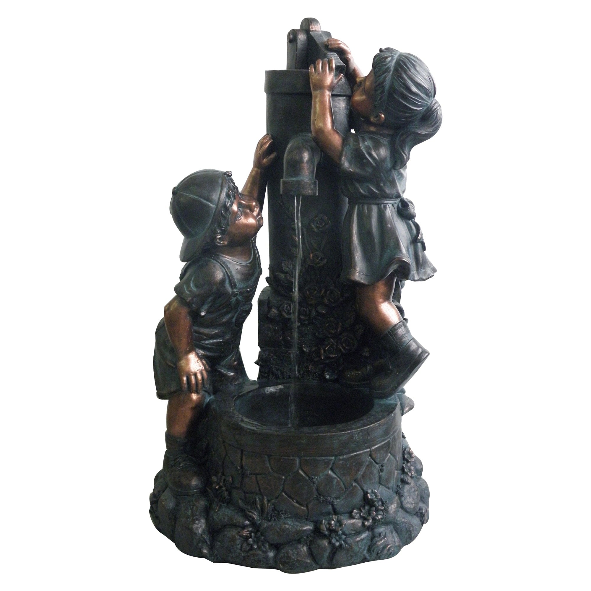 Pure Garden Outdoor Water Fountain With Boy and Girl， Antique Bronze Design and Soothing Sound for Decor on Patio， Lawn and Garden