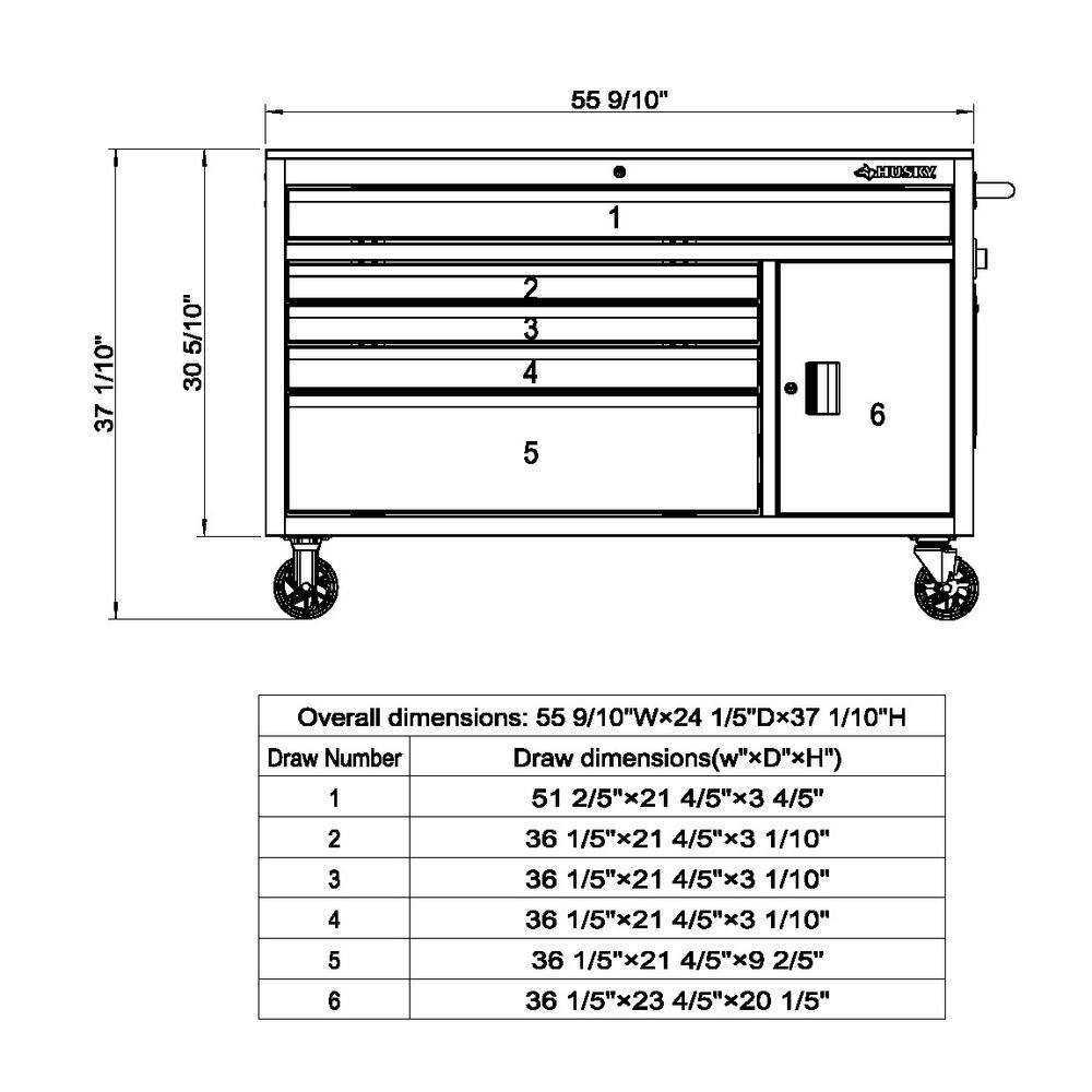 Husky 56 in. W x 25 in. D Standard Duty 5-Drawer 1-Door Mobile Workbench Cabinet with Solid Wood Top in Gloss White H56MWC5GWXD