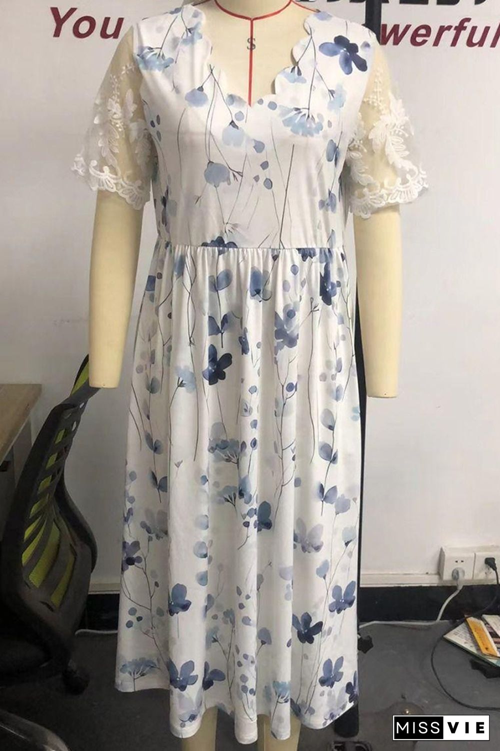 White Floral SHeer Sleeves Long Dress