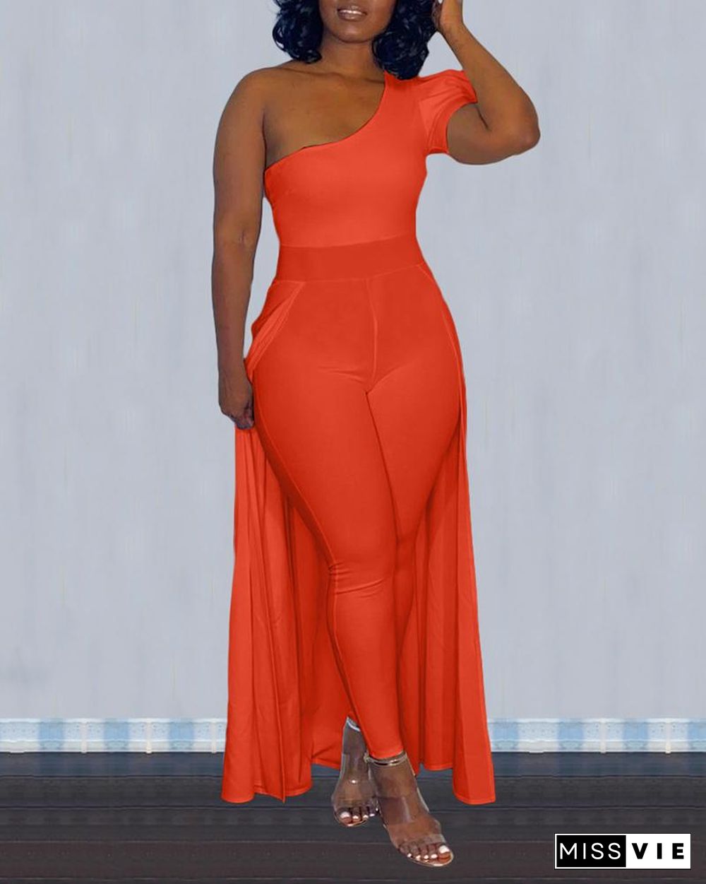 Solid Color One Shoulder Jumpsuit With Skirt