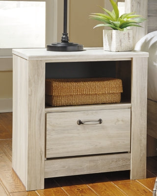 Signature Design by Ashley Bellaby Farmhouse 1 Drawer Nightstand with 1 Storage Cubby & Slim-Profile USB Charging Station, Whitewash