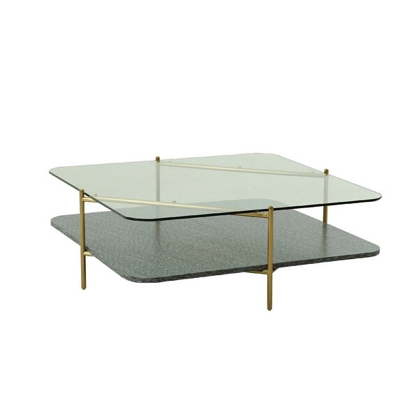 Cid Troy 43 Inch Modern Coffee Table， Glass Top， Gold Metal Legs， Gray