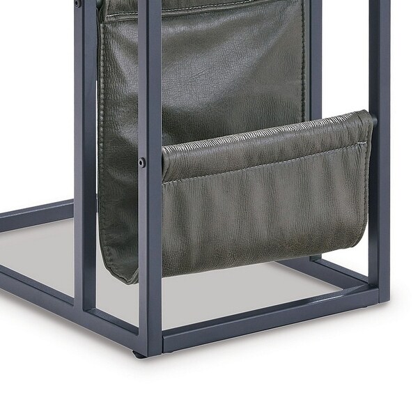 22 Inch Side End Table， Faux Leather Magazine Basket， Black C-Shaped Frame