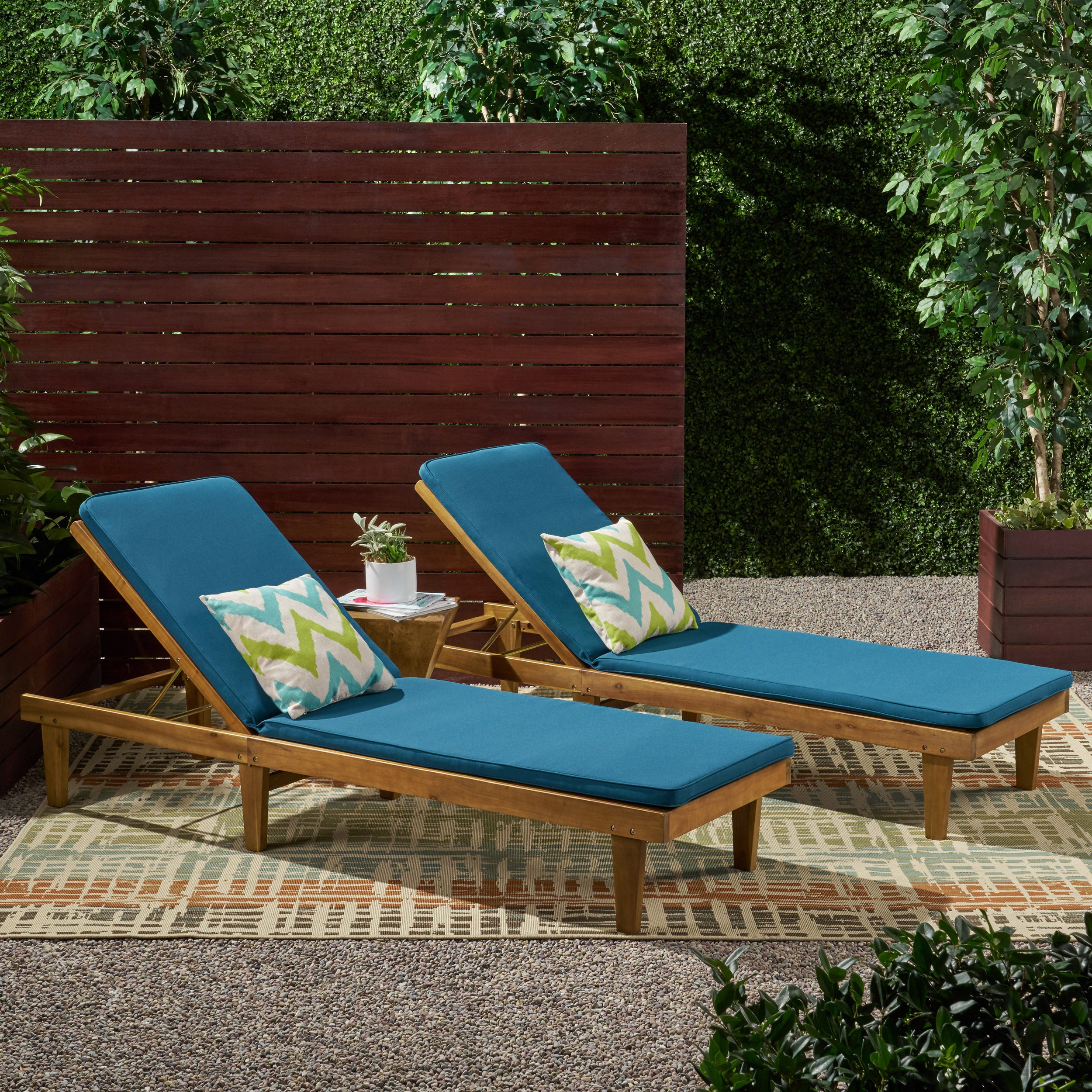 Nadine Outdoor Modern Acacia Wood Chaise Lounge with Cushion (Set of 2)