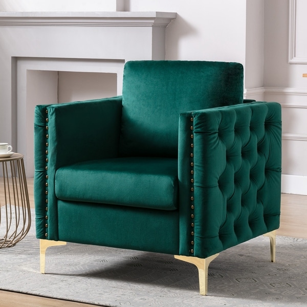 Modern Velvet Armchair Tufted Button Accent Chair Club Chair with Steel Legs