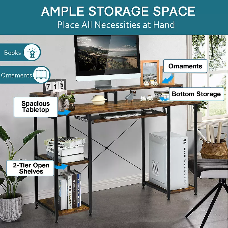 47 Inches Computer Desk Writing Study Table with Keyboard Tray and Monitor Stand