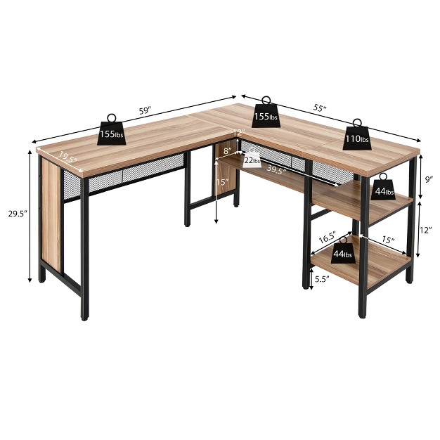 Costway Industrial L shaped Corner Computer Desk Office Workstation W Storage Shelves